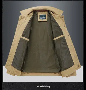 Detail of khaki jacket lining with breathable mesh material and functional inner pockets