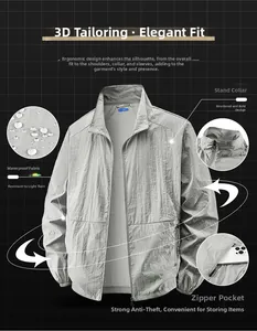 Detail of gray sun-protective jacket showing waterproof fabric and zip pocket features