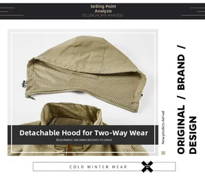 Detail of khaki outdoor jacket featuring a detachable hood with mesh lining and drawstrings