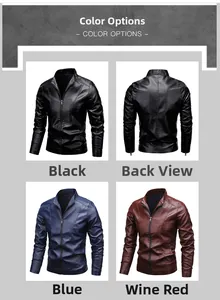 Mens slim fit faux leather biker jacket shown in black, blue and burgundy color options