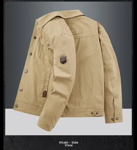 Side view of khaki workwear jacket showing premium fabric texture and fashion sleeve label