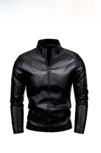 Detailed view of black leather jacket with stand-up collar and premium stitched seams