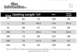 Detailed size chart for men's sun protection jacket showing M to 5XL measurements