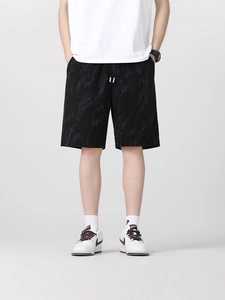 Pantaloncini estivi da uomo in seta di ghiaccio nera con trama jacquard e coulisse