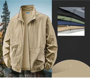Macro detail of breathable nylon fabric texture and zipper pocket on sun protection jacket