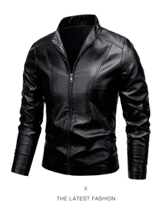 Detail of premium black faux leather motor jacket with stand collar and fine grain texture