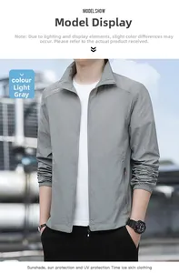 Detail view of men's ice silk sun protection jacket with elastic cuffs in light gray