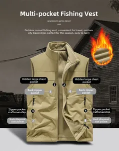 Detail of khaki outdoor fishing vest showing fleece lining and multiple utility pockets