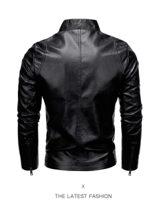 Back view of slim fit black faux leather jacket featuring a stand collar and moto style