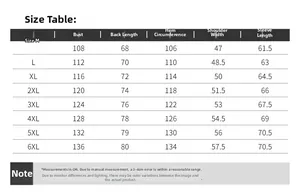 Detailed size chart for men jacket with chest, shoulder, and sleeve length measurements