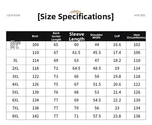 Size chart table for men's UV protection sun jacket ranging from size M to 8XL