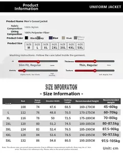 Size chart for men's quick-dry casual jacket showing detailed measurements from M to 5XL