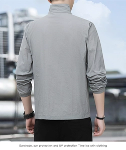 Close-up back view of men's gray ice silk sun protection jacket with high collar and elastic cuffs