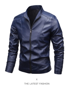 Detail view of premium dark blue faux leather jacket with refined stitching and zipper closure