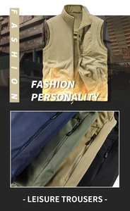 Close-up detail of fleece vest zipper pockets and multiple color options in khaki and navy