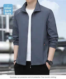Detail of dark grey sun protection jacket with standing collar and UV resistant fabric