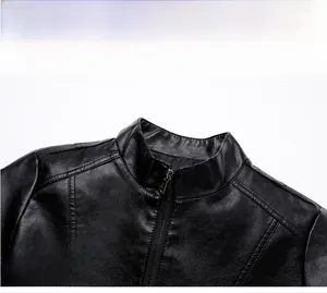 Detail of the high-quality stand collar and metal zipper on black leather jacket