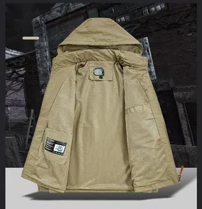 Detail view of the khaki hooded jacket with breathable mesh lining and interior pocket