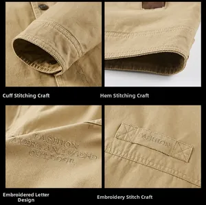 Detailed views of cuff stitching and embroidered lettering on khaki casual jacket