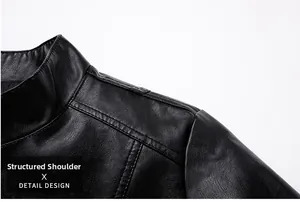 Close-up of structured shoulders and matte leather texture on a black motor jacket