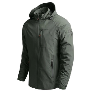 Men's loose fit quick-dry hooded jacket in olive green with multiple zipper pockets