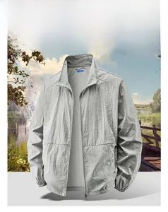 Detail view of light gray men's UV protection jacket with high-tech sun-shielding fabric