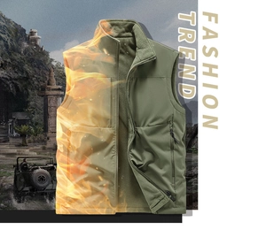 Detail view of military green fleece-lined vest with standing collar and thermal locking effect