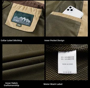 Detailed view of khaki jacket featuring breathable mesh lining and interior pocket