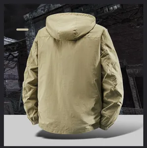 Rear view of a men's khaki windproof jacket showing hooded design and outdoor seam details