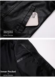 Detail view of the side pocket and inner hidden compartment on black leather jacket