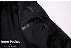 Detailed view of inner pocket and premium craftsmanship of black leather jacket