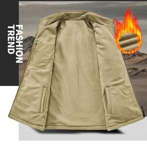 Detail of khaki fleece vest showing front zipper pockets and warm thickened inner lining