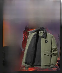 Detail of army green corduroy jacket showing warm faux shearling collar and chest pocket