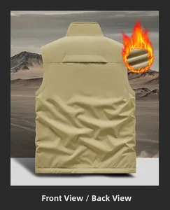 Detail of khaki outdoor vest back view and inner warm fleece lining texture