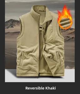 Detail of reversible khaki fleece vest with zipper pockets and high thermal performance