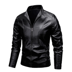 Men's PU Leather Jacket Slim Fit Stand Collar Motorcycle Coat Fashion Solid Color Zip Up Outerwear For Daily Casual Wear