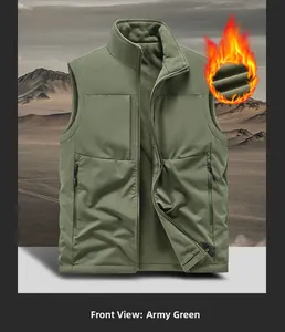 Detail of army green thermal fleece vest with windproof fabric and side zipper pockets
