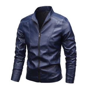 Slim fit dark blue faux leather biker jacket with stand collar for men's casual wear