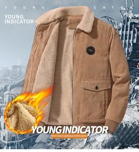 Detail of tan corduroy jacket showing soft white sherpa lining and rib-knit cuffs