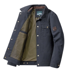 Classic dark blue workwear jacket with lapel collar and durable cotton fabric for men