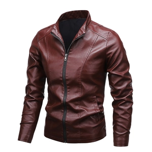 Men's slim fit faux leather jacket with stand collar in glossy burgundy motorcycle style