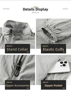 Detail view of stand collar, elastic cuffs and zipper pockets on sun protection jacket