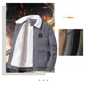Detail view of corduroy jacket with white lamb wool collar and round TOP logo on chest