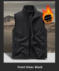 Front view detail of a black windproof fleece-lined outdoor vest with a stand-up collar