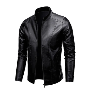 Mens slim fit black leather jacket with stand collar and metallic zipper on white background