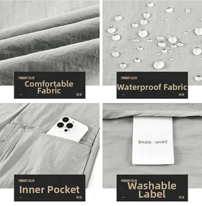 Detail view of water-resistant nylon fabric and interior zipper pocket on a grey sun jacket