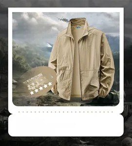 Detail of khaki sun protection jacket showing breathable fabric and zipper pockets