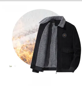 Close-up of black corduroy jacket with thick grey fleece lining and ribbed cuffs