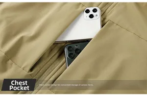 Detail of chest vertical zipper pocket showing large capacity with two smartphones inside