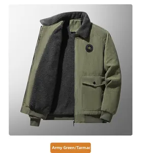 Detail of warm army green corduroy jacket with thick faux shearling lining and logo patch